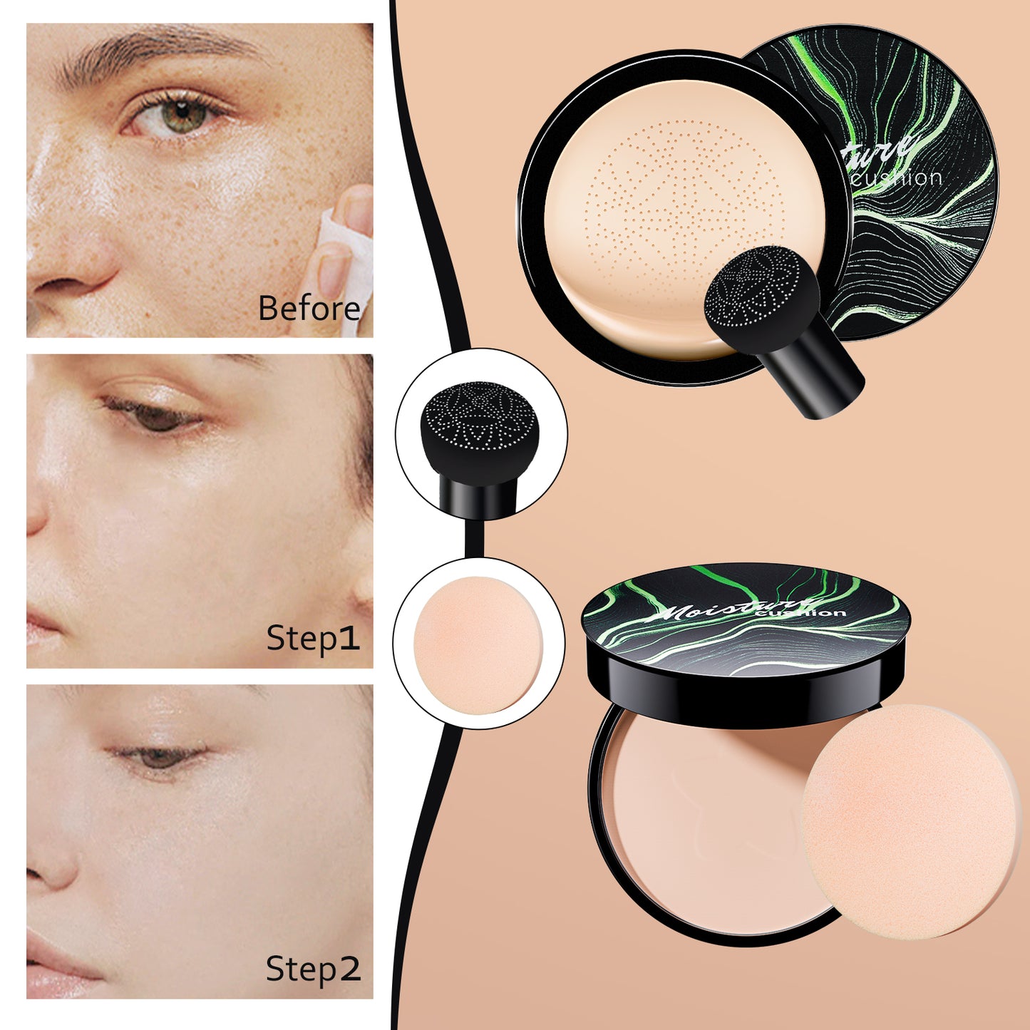 Mushroom Head Air Cushion CC Cream with Setting Powder Makeup Set, Blurs Fine Lines & Imperfections, Controls Shine & Smooths Complexion, Even Skin Tone for All Skin Types for Women (Natural)