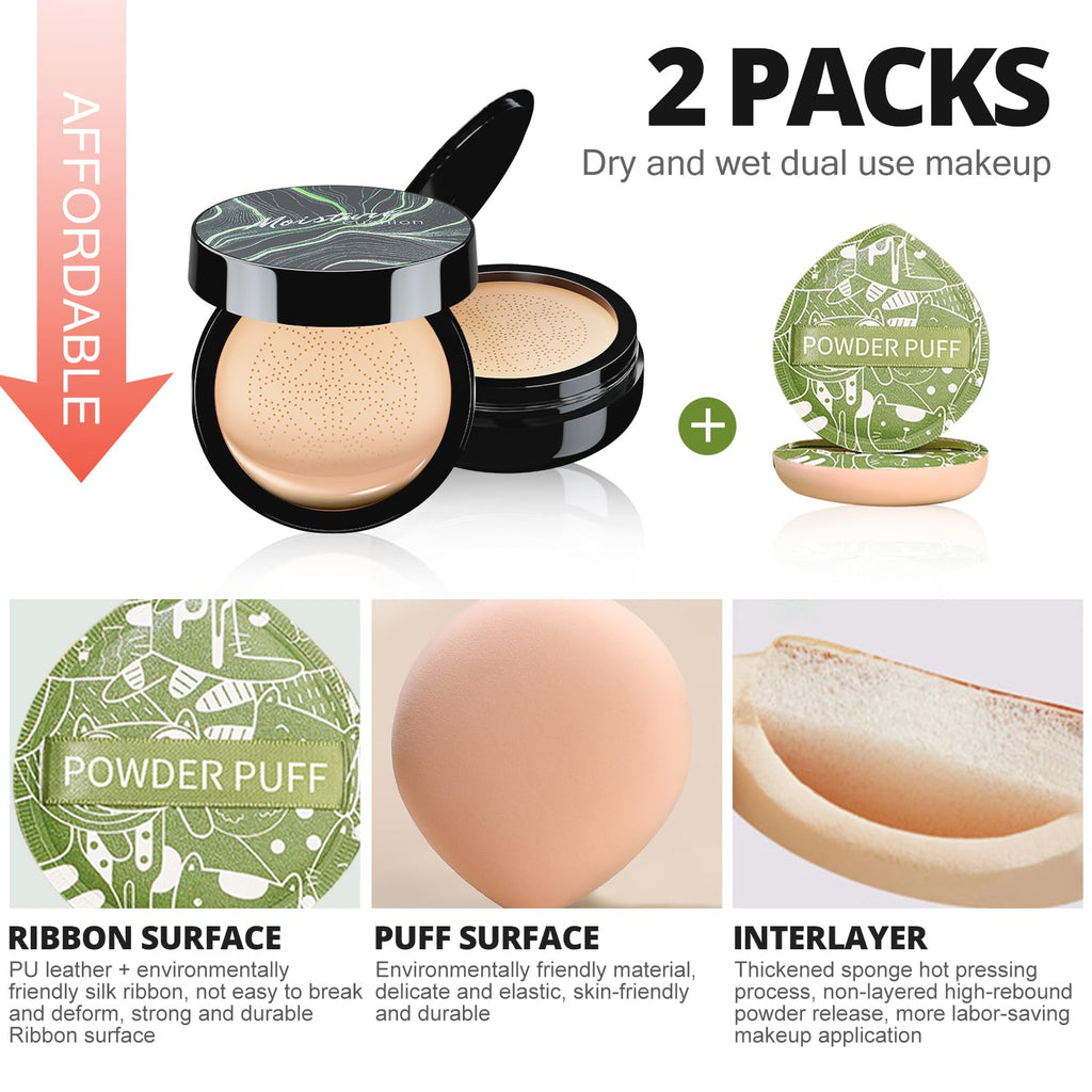 Mushroom Head Air Cushion CC Cream with Power Puff, Foundation Full Coverage Moisturizing Oil Control Waterproof Long-Lasting Even Skin Tone Natural Cream Foundation for Mature Skin
