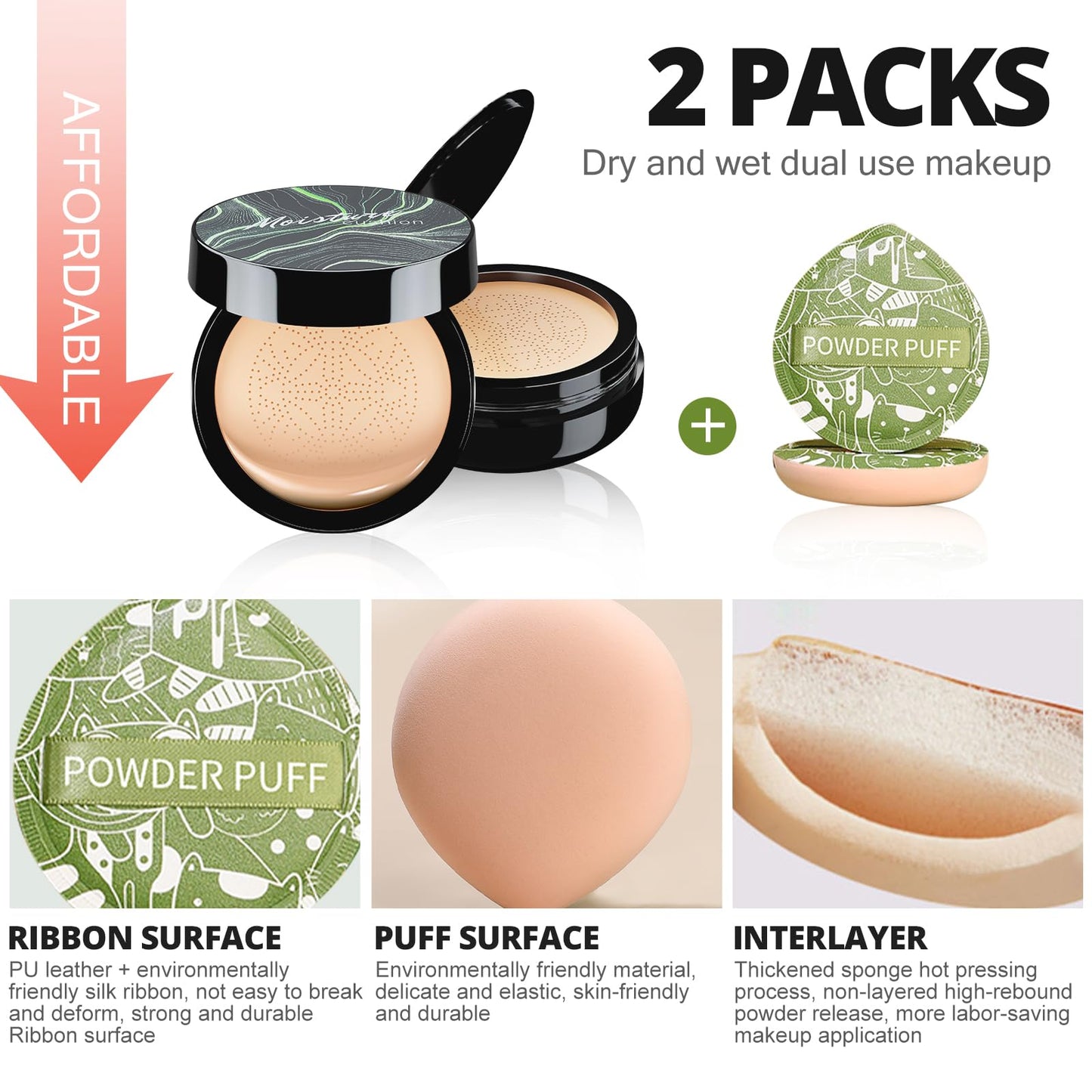 Mushroom Head Air Cushion CC Cream with Power Puff, Foundation Full Coverage Moisturizing Oil Control Waterproof Long-Lasting Even Skin Tone Natural Cream Foundation for Mature Skin