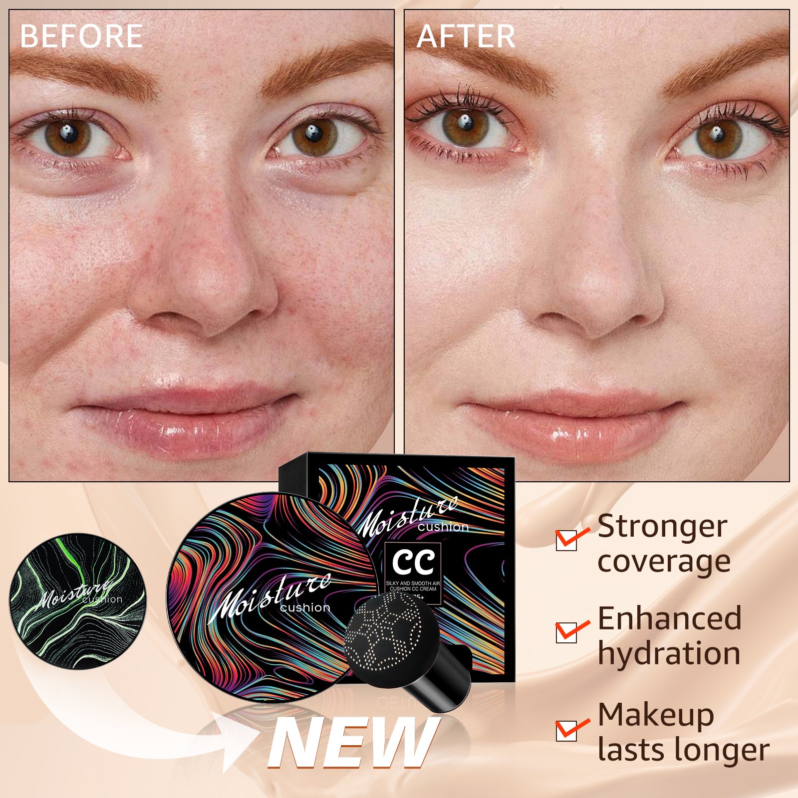 Mushroom Head Air Cushion CC Cream - New Upgraded Colored Packaging BB Cream Face Makeup Foundation for Mature Skin Moisturizing Concealer Brighten Long-Lasting, Vegan Formula (Buff Beige)